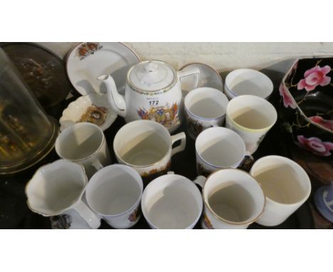 A Tray Containing Various Commemorative and Coronation Mugs, Teapot, Saucer and Dishes   