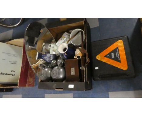 A Box Containing Oval Vintage Mirror, Pewter Teapot, Leather Cased Brownie Camera, Ceramics, Car Break Down Set etc