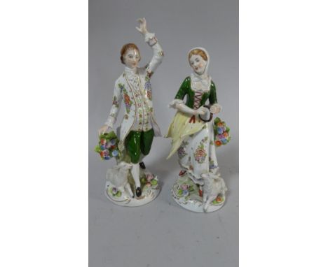 A Pair of Late 19th Century Sitzendorf Figures Depicting Dancing Shepherd and Shepherdess with Tambourine, 22cms High 