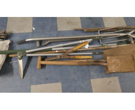A Collection of Various Garden Tools, to Include Forks, Hoes, Spades, Lawn Edges etc