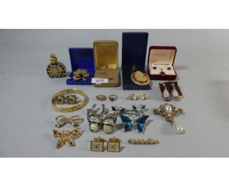 A Collection of Costume Jewellery to Include Cameo Brooch, Stick Pins, Scent Bottle, Stick Pins, Bangles