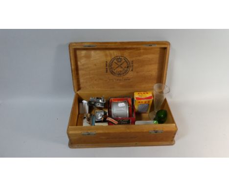 A Royal Corona Cigar Box Containing Vintage Pencil Sharpener, Measuring Flask, Hand Warmer, Novelty Lighter in the Form of Ca