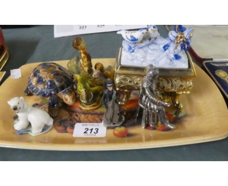 A Tray Containing Various Wade Whimsies to Include Jack and Jill, White Metal Study of Seated Grandmother, Ceramic Jewellery 