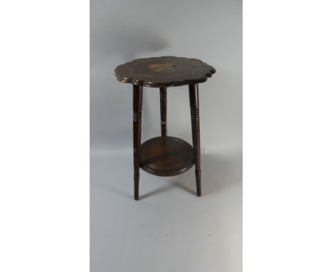 A Pretty 19th Century Inlaid Wine Table with Three Turned Supports and Circular Stretcher Shelf, Decorated with Musical Instr