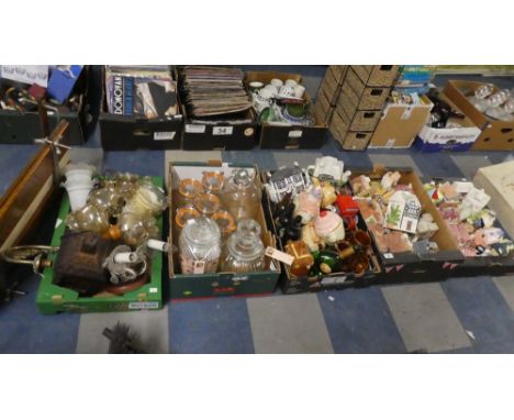 Five Boxes Containing Various Novelty Teapots, Bottles, Kilner Jars, Light Fittings etc