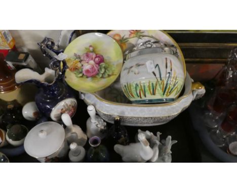 A Tray of Floral Patterned China, Two Handled Elephant Head Bowl, Nao Duck and Geese Ornaments, Shorter and Son Bulrush Biscu