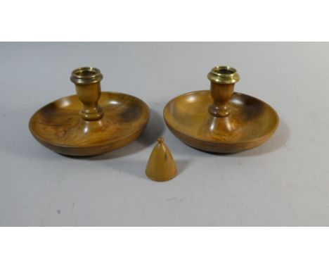 A Turned Olive Wood Circular Box Containing Candle Stick Parts to Form Pair of Candle Sticks with Brass Tops and Snuffer, 13c