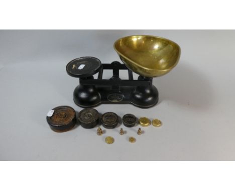 A Salter Staffordshire Kitchen Scales with Brass Pan and Weights 