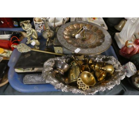 A Tray of Metalwares to Include Peacock Decorated Brass Plate, Brass Imp Door Knocker, Miniature Brass Goblets, Silver Plated