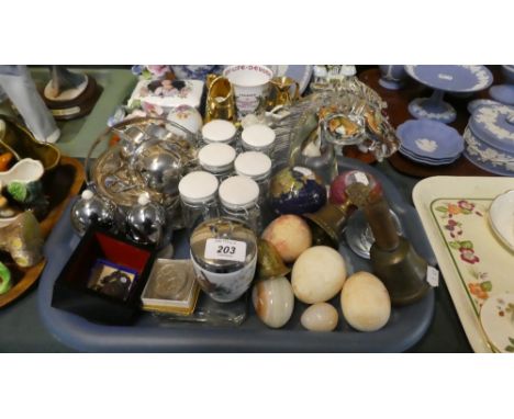 A Tray of Sundries to Include Onyx Eggs, Glass Paperweights, Glass Horse Head (AF), Worcester Egg Coddler, Cruet Set, Various