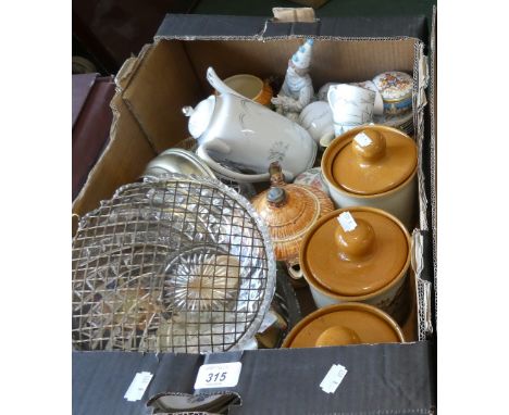 A Box of Ceramics to Include Storage Jars, Cottage Teapot, Coffee Set etc