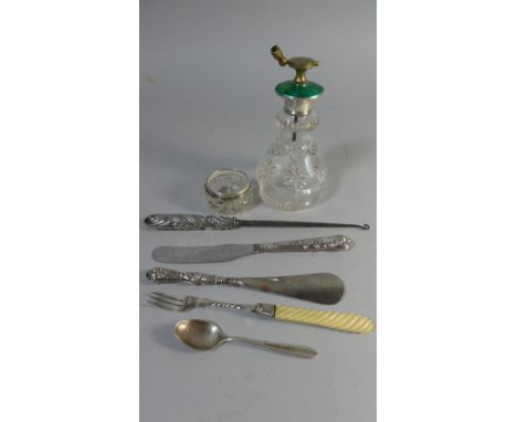 A Collection of Silver Handled Button Hooks and Shoe Horns, Enamelled Top Glass Atomiser, Silver Topped Salt etc 