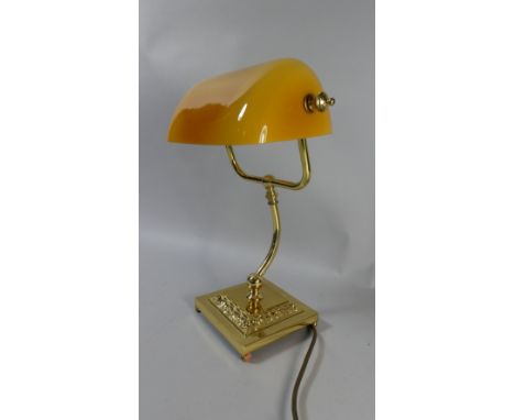 A Reproduction Brass and Opaque Amber Glass Shade Desk Lamp on Square Base, 38cm High 