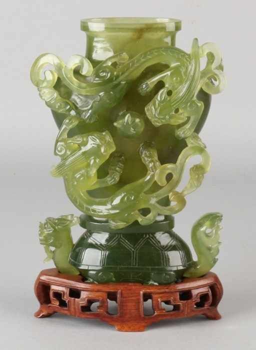 Old / antique big Chinese green jade dragon vase wood stabbed console ...