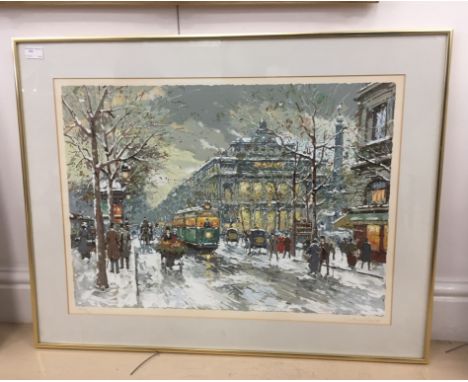 Antoine Boulet (French, 20th century): A colour print depicting a winter street scene, hand signed to margin in pencil, 46 x 