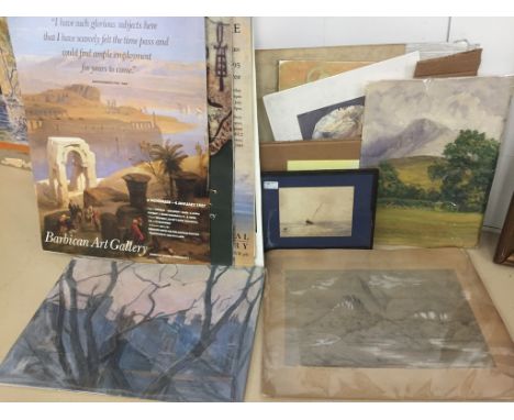 A quantity of unframed pictures to inc a pastel study of rooftops, 19th century landscape watercolour, seascape watercolour i