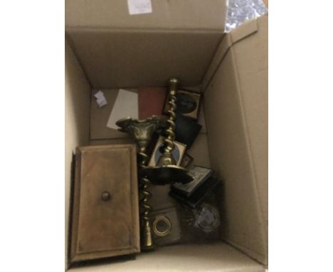A box of items to inc inkwells, brass candlesticks, 19th century tea caddy etc