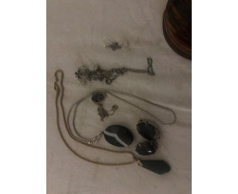 A silver brooch/pendants to inc two Blue John, amethyst, jade, agate, moonstone etc
