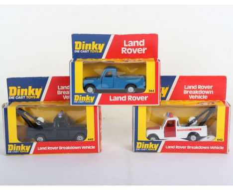 Three Dinky Toys Land  Rover Models, 344 109 W.B. Land Rover, metallic blue/silver, red interior, cat wheel hubs, 442 Land Ro