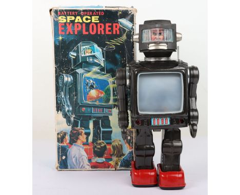 Boxed SH Horikawa battery operated Space Explorer, Japanese 1960s, tinplate spaceman with television screen to stomach, 29cm 