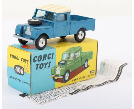 Corgi Toys 406 Land-Rover (109’WB) metallic blue body, cream roof, flat spun wheels in  near mint original condition, blue/ye