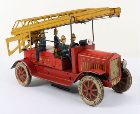 Pre War Distler (Germany) Tinplate Clockwork Fire Engine with electric light, circa 1930’s, red with yellow tin printing, fou
