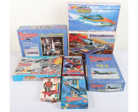 Thunderbirds Japanese Plastic Kits, Aoshima 1/350 scale TB1 Launch Bay, TB2, Bandai Thunderbird 1, Thunderbird 3 both still s