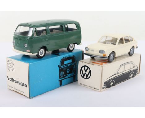 Two Volkswagen Cursor Plastic Models, made in Germany, VW 411 cream body, white interior and VW Transporter, pale green, whit