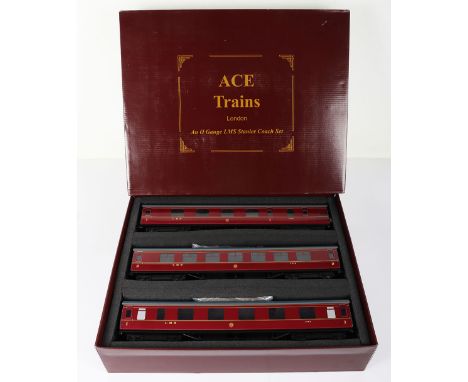 ACE Trains 0 gauge LMS Stanier C/18-A three corridor coach set, 1083 1st class coach, 1935 3rd class coach and 5062 3rd/brake