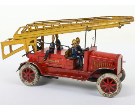 A Distler tinplate clockwork Fire Engine J.D.1614, German circa 1930, lithographed red with yellow lining, four seated Fireme