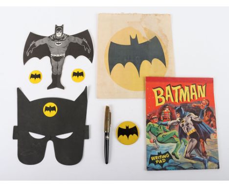 Scarce Batman Fan Club Envelope, opened, contains: Batman Ink Pen, Batman Mask, Batman Tin button badge, two Batman Stickers,