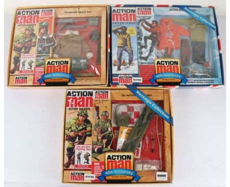 Three Action Man 40th Anniversary Nostalgic Collection outfits, Action Soldier Medic, Armoured Car Commander and Mountaineer,