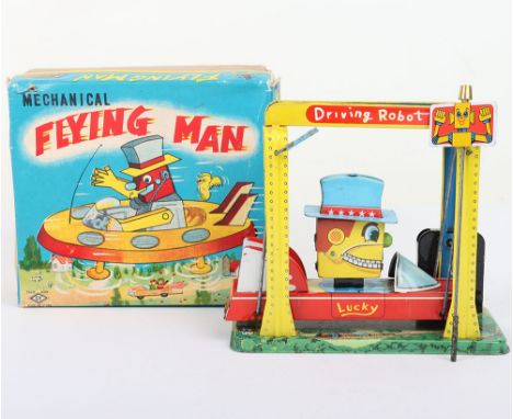 Scarce Boxed SY Toys mechanical Flying Man Driving Robot, Japanese 1960s, lithographed in various colours, with side mounted 