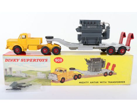 Dinky Supertoys 908 Mighty Antar with Transformer, yellow tractor unit, grey trailer, red hubs and ramps, transformer with se