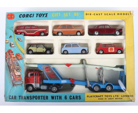 Corgi Toys Car Transporter and 6 Cars Gift Set 48, contents: 1138 Ford Articulated Car Transporter orange/silver, two tone bl