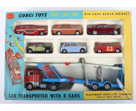 Corgi Toys Car Transporter and 6 Cars Gift Set 48, contents: 1138 Ford Articulated Car Transporter orange/silver, two tone bl