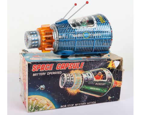 Boxed SH Horikawa battery operated tinplate Space Capsule, Japanese 1960s, blue and silver lithographed United States NASA ca