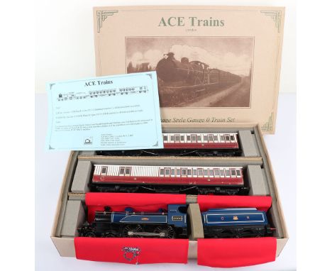 ACE Trains 0 gauge Caledonian Train set,  containing E/3 4-4-0 locomotive and tender in CR lined blue livery, two bogie coach