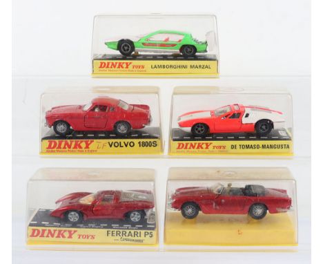 Five Dinky Toys Model Cars,110 Aston Martin Convertible, metallic red (missing card roadway/headlights) 116 Volvo 1800S, red 