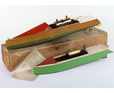Boxed Hobbies ‘Miss America’ live steam Launch, the wooden hull painted tan and green below the waterline, white tinplate dec