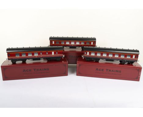 ACE Trains 0 gauge three LMS Passenger corridor coaches, 1st/3rd class 4195, 3rd class 4195, 3rd/brake 26133, together with a