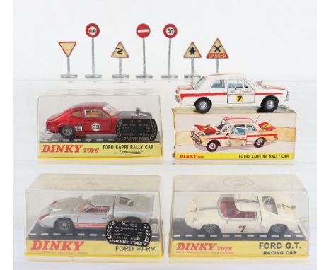 Four Ford Dinky Toys Models,132 Ford 40-RV, silver body, red interior, spoked wheels, 205 Lotus Cortina Rally Car, red/white 