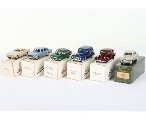 Five Rob Eddie Model 1/43 scale Volvo model cars, No.1 1969 Volvo P1800S, No.2 1973 Volvo 144 Grand Luxe, No.3 1969 Saab 99, 