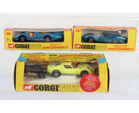 Three Boxed Whizzwheel Corgi Toys, 342 Lamborghini P400 GT Miura with Fighting Bull, box and polystyrene inner is fair, 347 C