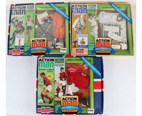 Three Action Man 40th Anniversary Nostalgic Collection outfits, Action Man Sportsman Famous football Teams Manchester United,