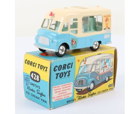 Corgi Toys 428 Smiths Mr Softee Ice Cream Van, cream/blue body, spun wheels, with ice cream salesman, model is in near mint o