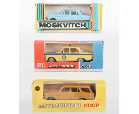 Three Russian Diecast Models, 1:43 scale, Moskvitch 412 sky blue body, black interior, Moskvitch  412 Police Car  and  a Mock