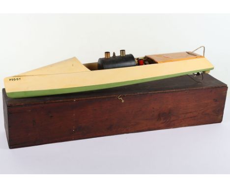 Boxed Hobbies Bowman ‘Peggy’ live steam Launch, 1927, the wooden hull painted cream and green below the waterline, plank deck