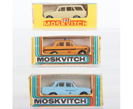Three Russian Moskvitch Diecast Models, 1:43 scale, Moskvitch 412 Police Car, Moskvitch 408 Doctors Car, light blue and a Mos