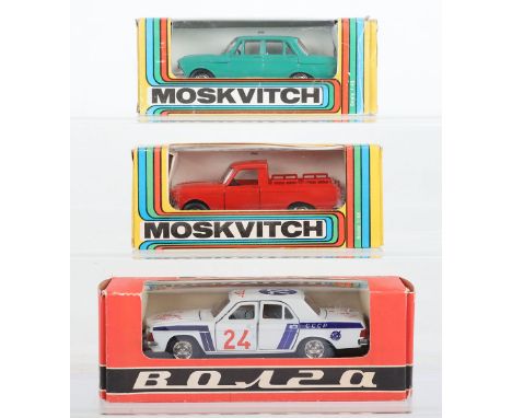 Three Russian Diecast Models, 1:43 scale, Moskvitch 408i green body, Moskvitch  Pick Up, red body and a Volga Gaz Rally Sport